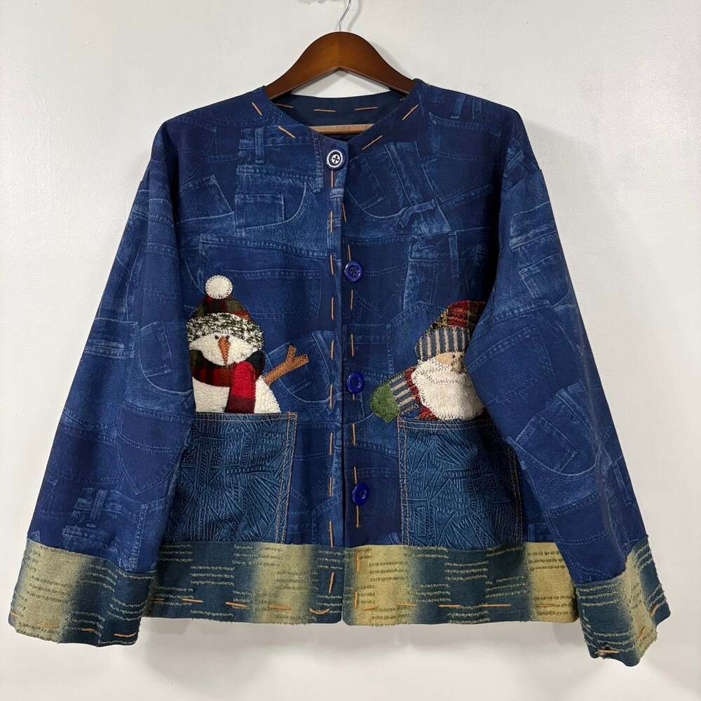 Christmas Jacket Womens XL 1X Santa Snowman Applique Art to Wear Grandmacore